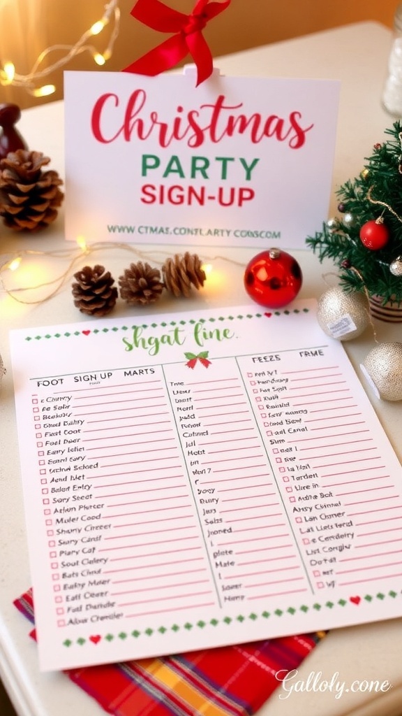 A Christmas party food sign-up sheet with decorations and festive atmosphere.